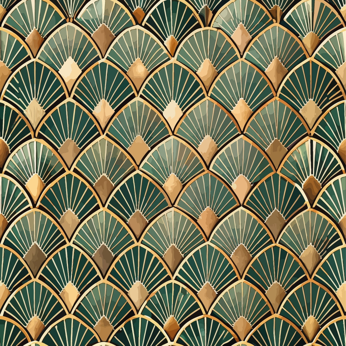 art deco, geometric pattern, fan motif, scalloped design, emerald green, forest green, gold accents, bronze tones, cream highlights, radiating lines, overlapping scales, vintage style, 1920s inspired,, fabric panel, repetitive pattern, luxurious feel, peacock feathers, shell pattern, ornate design