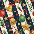 christmas ornaments, holiday bells, candy canes, golden stars, holly berries, green foliage, red ornaments, navy blue background, cream stripes,, fabric panel, festive pattern, winter theme, decorative baubles, striped ornaments, christmas decoration, seasonal motifs, holiday crafting, watercolor style, vintage aesthetic