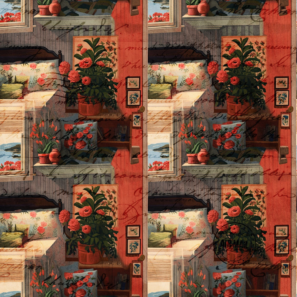 coral red, terracotta, cream, sage green, floral arrangements, potted plants, roses, tulips, vintage frames, cottage style, rustic shelving,, fabric panel, botanical motifs, country garden, warm tones, cozy interior, vintage artwork, cottagecore aesthetic, repeating pattern