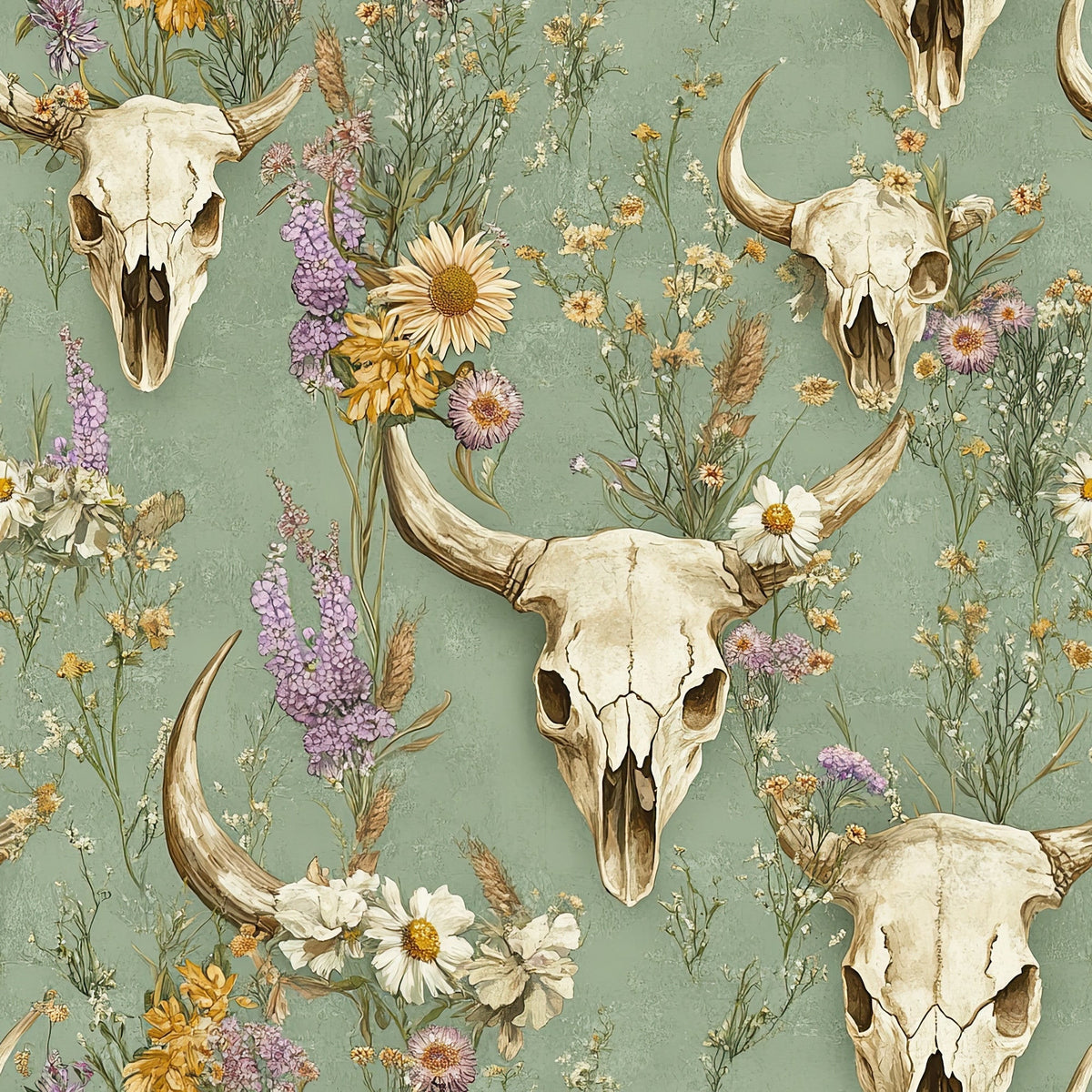 sage green, cream, purple, yellow, animal skulls, cow skulls, horns, wildflowers, daisies, lavender, western pattern, boho style, rustic design,, fabric panel, floral motifs, southwestern theme, vintage illustration, prairie flowers, bohemian aesthetic