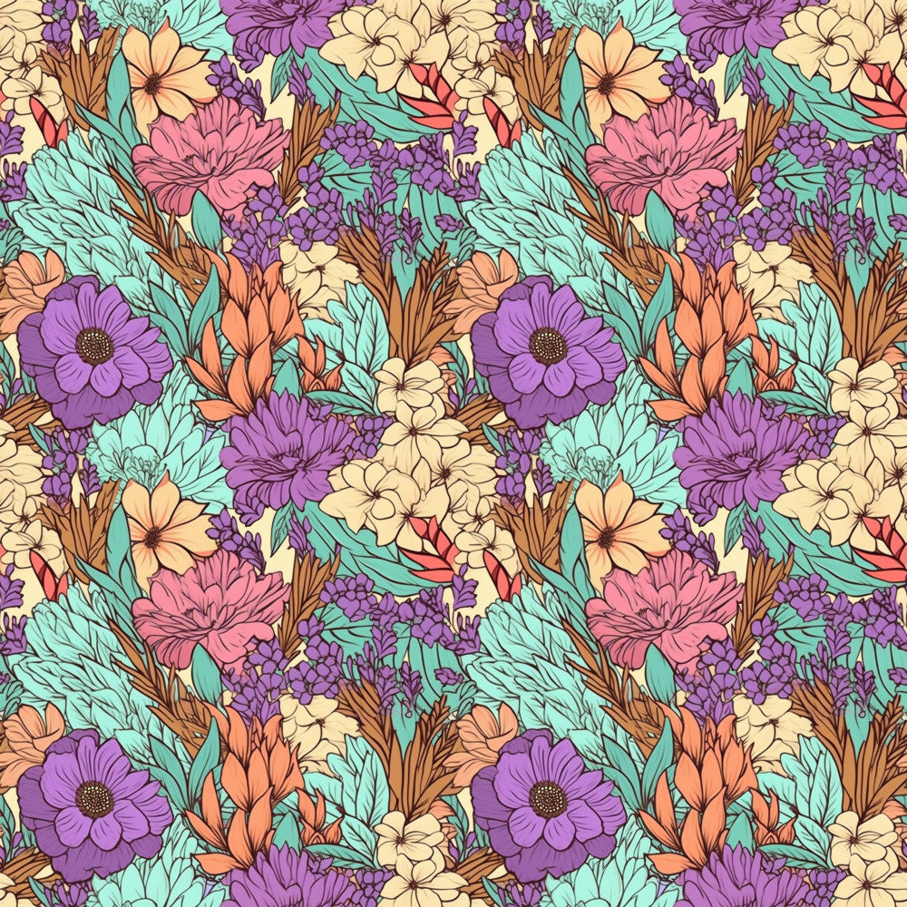 vibrant floral, purple flowers, turquoise leaves, cream colored blooms, coral pink petals, golden yellow flowers, brown stems, botanical print, wildflower garden, spring flowers, summer garden, nature-inspired, bohemian style, whimsical design, colorful botanical, daisy flowers, gerbera daisies, layered florals, dense floral pattern, vintage botanical, garden theme, playroom decor, kids room, bright and cheerful, multi-colored flowers, traditional floral, detailed illustration, nature theme