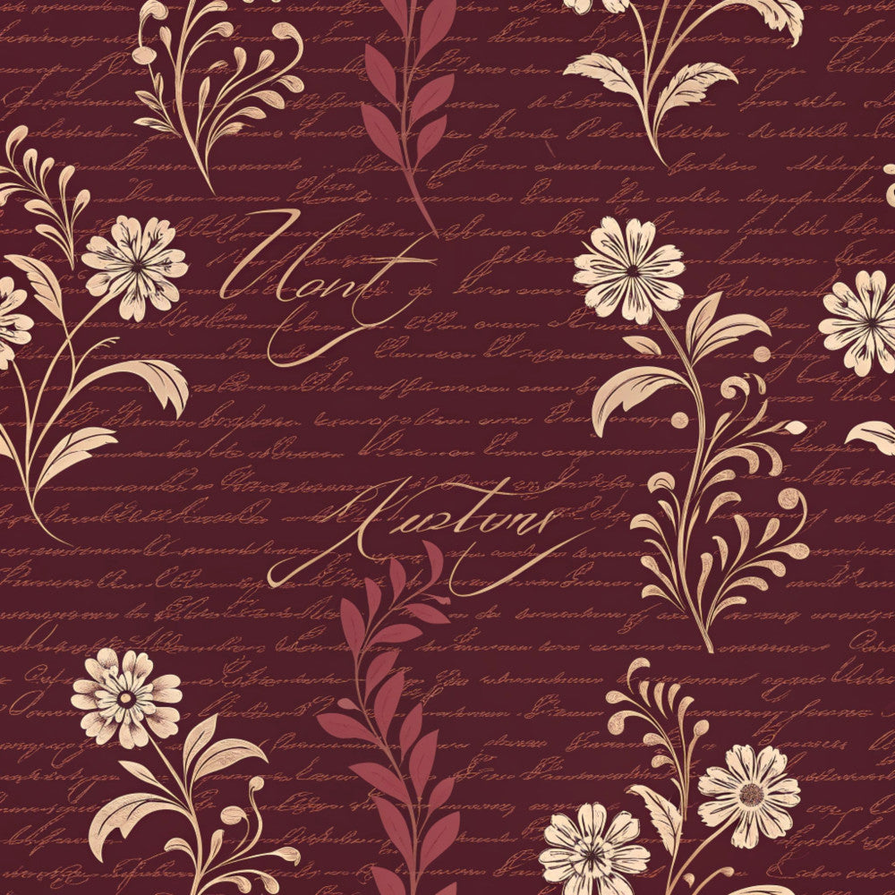 burgundy, cream, ivory, gold, wine red, deep red, floral, vintage, elegant, romantic, botanical, daisies, ornamental leaves, scrollwork, cursive text, damask, traditional, classic, antique, calligraphy, nature-inspired, cottage core, timeless, decorative flourishes, feminine, sophisticated, literary, heritage, nostalgic
