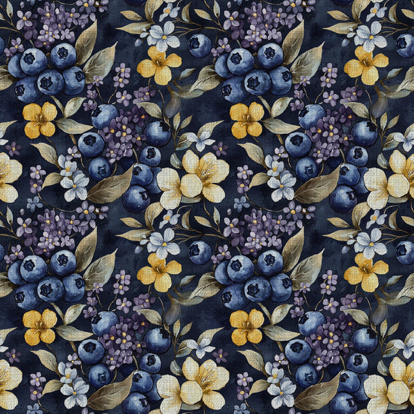 navy blue, blueberry, gold, yellow, white, cream, purple, lavender, botanical, floral, berries, blueberries, flowers, leaves, nature-inspired, vintage, elegant, garden, spring, summer, cottage core, farmhouse, traditional, whimsical, small florals, four-petal flowers, berry clusters, nursery, baby, children's