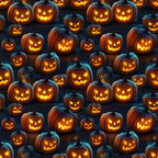halloween fabric, jack-o'-lanterns, carved pumpkins, orange glow, glowing faces, spooky expressions, dark navy background, orange illumination, yellow light, seamless pattern,, halloween motif, autumn theme, trick or treat, pumpkin patch, eerie atmosphere, seasonal fabric, craft material, sewing panel, halloween decor