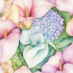 pastel pink, soft purple, pale yellow, mint green, lavender blue, calla lilies, hydrangeas, tropical flowers, botanical design, floral pattern, watercolor style, delicate petals,, fabric panel, spring blooms, feminine florals, garden flowers, soft pastels, nature motifs, blooming arrangement