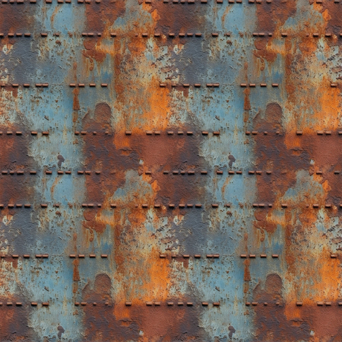 rust orange, steel blue, weathered metal, industrial texture, oxidized surface, riveted panels, distressed finish, grunge pattern, metallic patina, corroded steel, vintage machinery, aged iron,, fabric panel, steampunk aesthetic, urban decay, textural design, copper accents, blue-gray tones