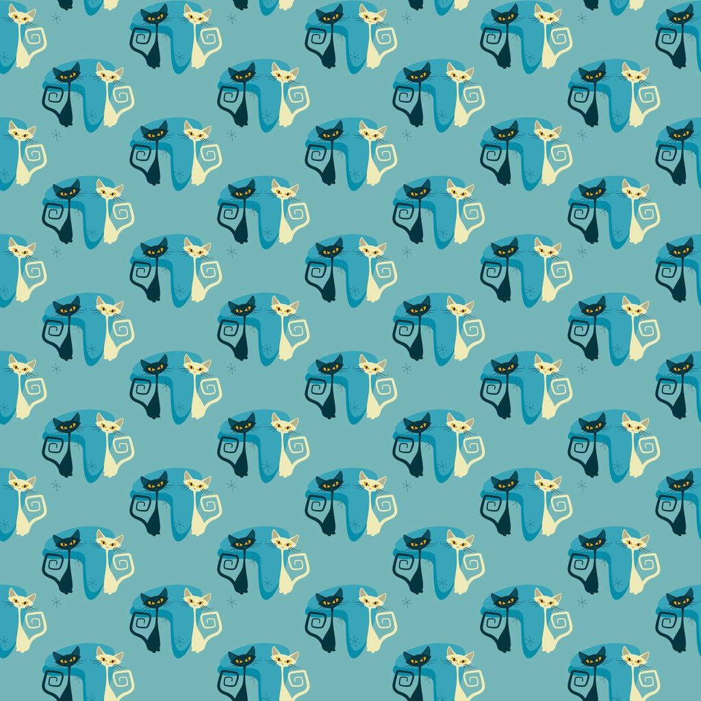 teal, cream, navy blue, atomic cats, mid-century modern, geometric spirals, stylized felines, retro design,, fabric panel, repeating pattern, minimalist cats, vintage inspired, turquoise background, abstract cat silhouettes, decorative swirls, atomic age style, coordinating colors, crafting material, sewing fabric