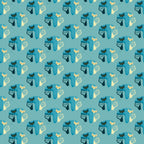 teal, cream, navy blue, atomic cats, mid-century modern, geometric spirals, stylized felines, retro design,, fabric panel, repeating pattern, minimalist cats, vintage inspired, turquoise background, abstract cat silhouettes, decorative swirls, atomic age style, coordinating colors, crafting material, sewing fabric