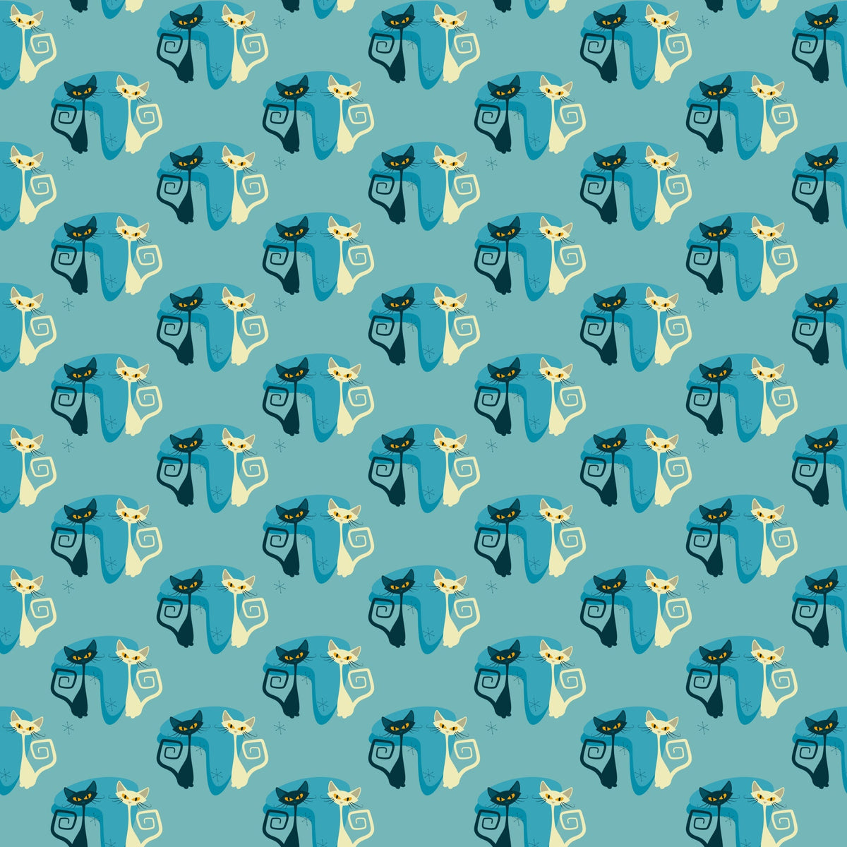 teal, cream, navy blue, atomic cats, mid-century modern, geometric spirals, stylized felines, retro design,, fabric panel, repeating pattern, minimalist cats, vintage inspired, turquoise background, abstract cat silhouettes, decorative swirls, atomic age style, coordinating colors, crafting material, sewing fabric