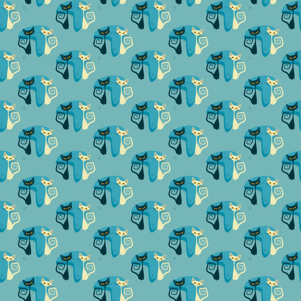 teal, cream, navy blue, atomic cats, mid-century modern, geometric spirals, stylized felines, retro design,, fabric panel, repeating pattern, minimalist cats, vintage inspired, turquoise background, abstract cat silhouettes, decorative swirls, atomic age style, coordinating colors, crafting material, sewing fabric