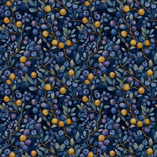 navy blue, golden yellow, blueberries, purple berries, sage green leaves, floral, botanical, berry picking, nature, fruit, garden, elegant, vintage, traditional, whimsical, berries and branches, fruit branches, scattered berries, leafy vines, gold stems, nature-inspired, farmhouse, rustic, summer, autumn, twilight blue, mustard yellow, berry theme, orchard