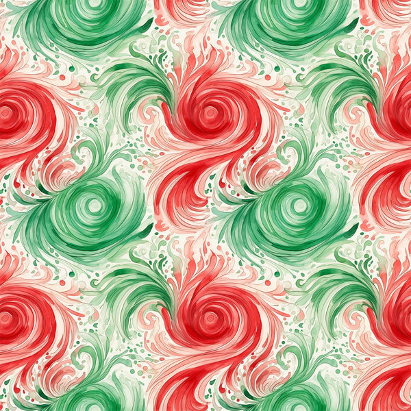 watercolor, christmas swirls, red, green, cream, spiral patterns, flowing design, holiday fabric,, fabric panel, festive colors, circular motifs, whimsical swirls, seasonal pattern, abstract design, coral pink, sage green, decorative swirls, winter theme, holiday crafting