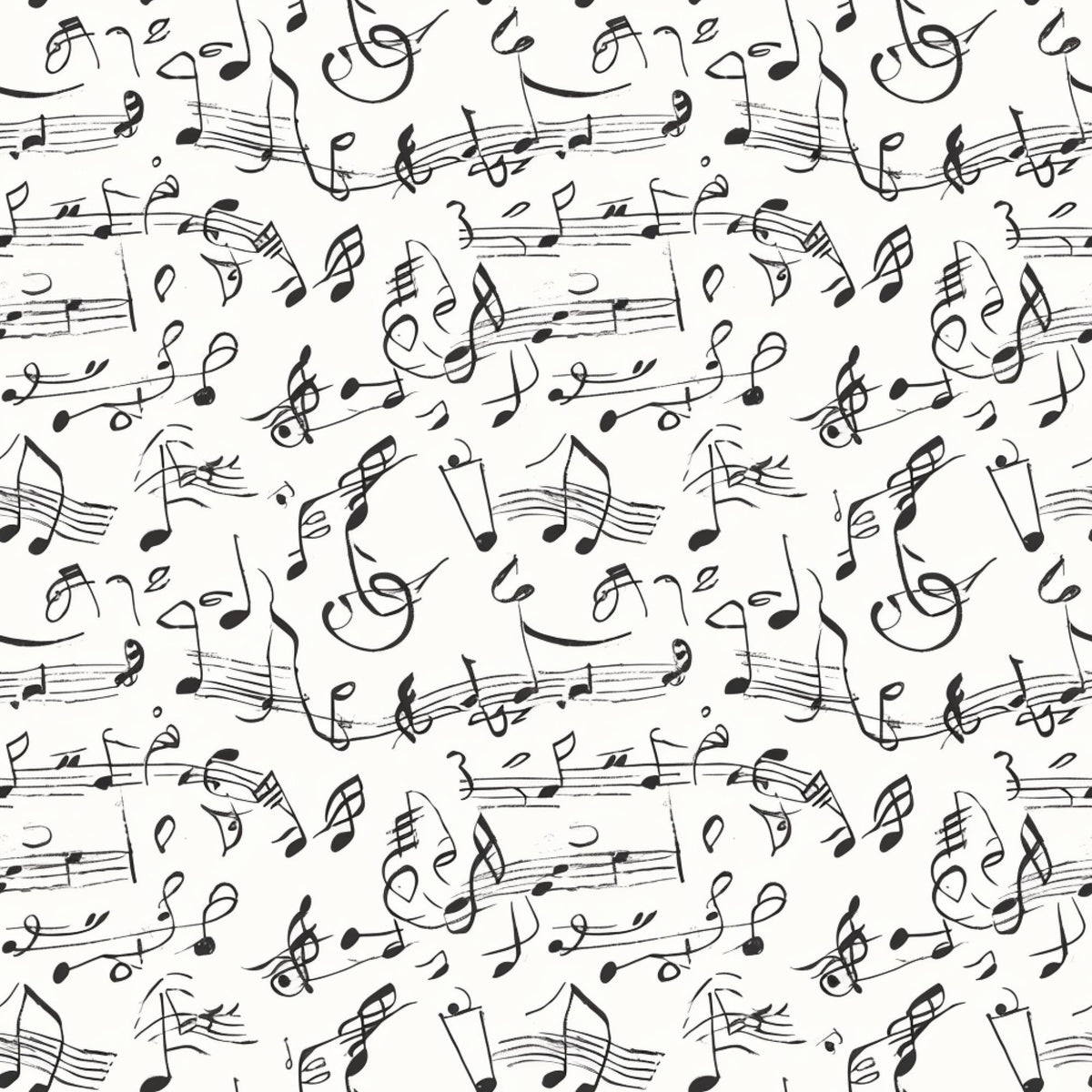 black and white, musical notes, sheet music, treble clef, staff lines, handwritten style, repeating pattern, monochrome,, fabric panel, music theme, flowing design, artistic notation, seamless repeat, craft fabric, sewing material, contemporary pattern, musical symbols, cotton fabric, quilter's cotton