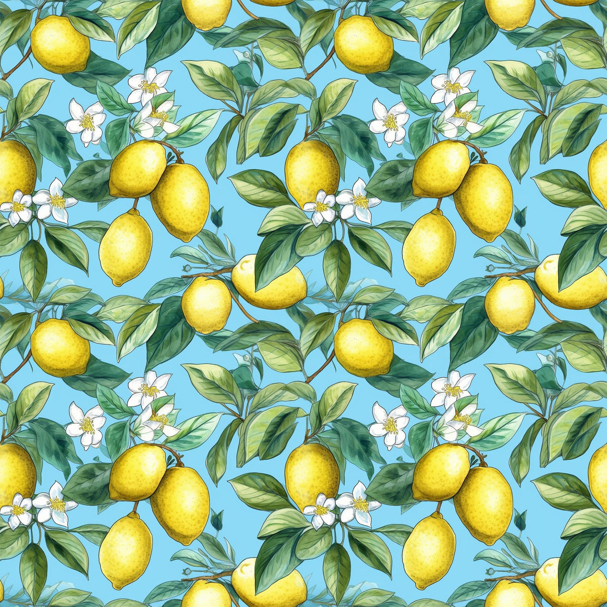 yellow lemons, bright blue background, citrus fruit, white blossoms, green leaves, botanical pattern, seamless repeat,, fabric panel, tropical motif, summer vibes, fresh citrus, floral elements, nature inspired, cheerful colors, fruit pattern, lemon tree branches, cottage core, kitchen themed, craft fabric