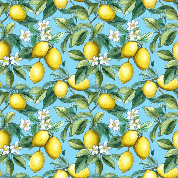 yellow lemons, bright blue background, citrus fruit, white blossoms, green leaves, botanical pattern, seamless repeat,, fabric panel, tropical motif, summer vibes, fresh citrus, floral elements, nature inspired, cheerful colors, fruit pattern, lemon tree branches, cottage core, kitchen themed, craft fabric