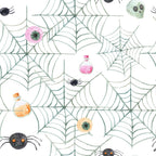 sage green, pink, orange, black, white, spiderweb, spider, potion bottles, eyes, eyeballs, halloween, spooky, whimsical, playful, witchy, magical, creepy cute, kids, children, nursery, playroom, baby, horror themed, festive, fun, mystical, enchanted, dark whimsy, novelty, character fabric