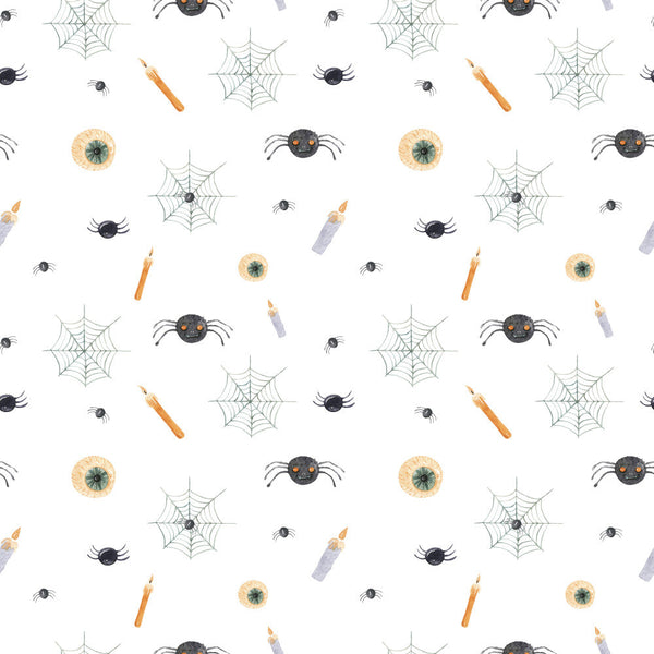 halloween, spooky, spiders, spider web, cobweb, creepy, witchy, black spiders, eyeballs, eye motif, candles, orange candles, white background, halloween decor, trick or treat, october, fall, autumn, holiday, spooky season, kids halloween, playroom, orange, black, beige, gray, whimsical, fun, children's, festive