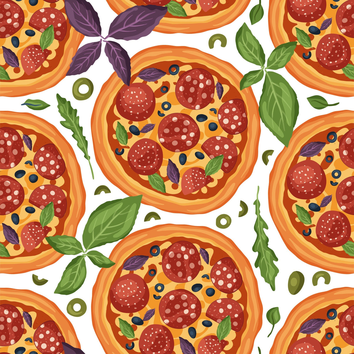 pizza pattern, pepperoni slices, basil leaves, olives, cheese, orange crust, red pepperoni, green herbs, yellow cheese, purple basil, food illustration, italian cuisine, seamless repeat,, fabric panel, kitchen theme, culinary design, cartoon style, bright colors, food motif