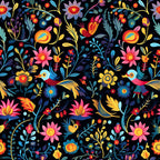 mexican floral, folk art, colorful birds, vibrant flowers, black background, pink blossoms, blue leaves, yellow accents, orange petals, tropical birds, whimsical design,, fabric panel, festive pattern, botanical motifs, decorative florals, bright colors, artistic illustration, nature theme