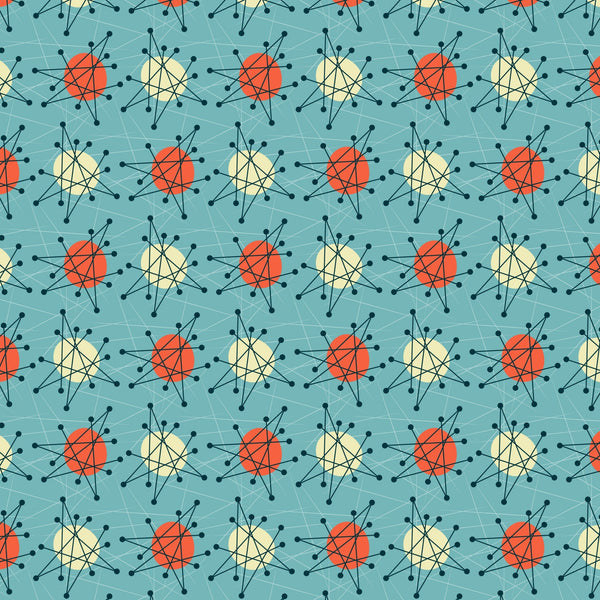 teal background, orange circles, cream circles, atomic starburst, mid-century modern, retro pattern, geometric design, radiating lines, connected dots, molecular structure, space age, vintage inspired,, fabric panel, turquoise blue, coral orange, pale yellow, scientific motif, 1950s style, repeating pattern