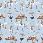 Carousel Dreams Pattern 6 white carousel unicorns and swans with pink floral fairground details on a soft blue fleece fabric print