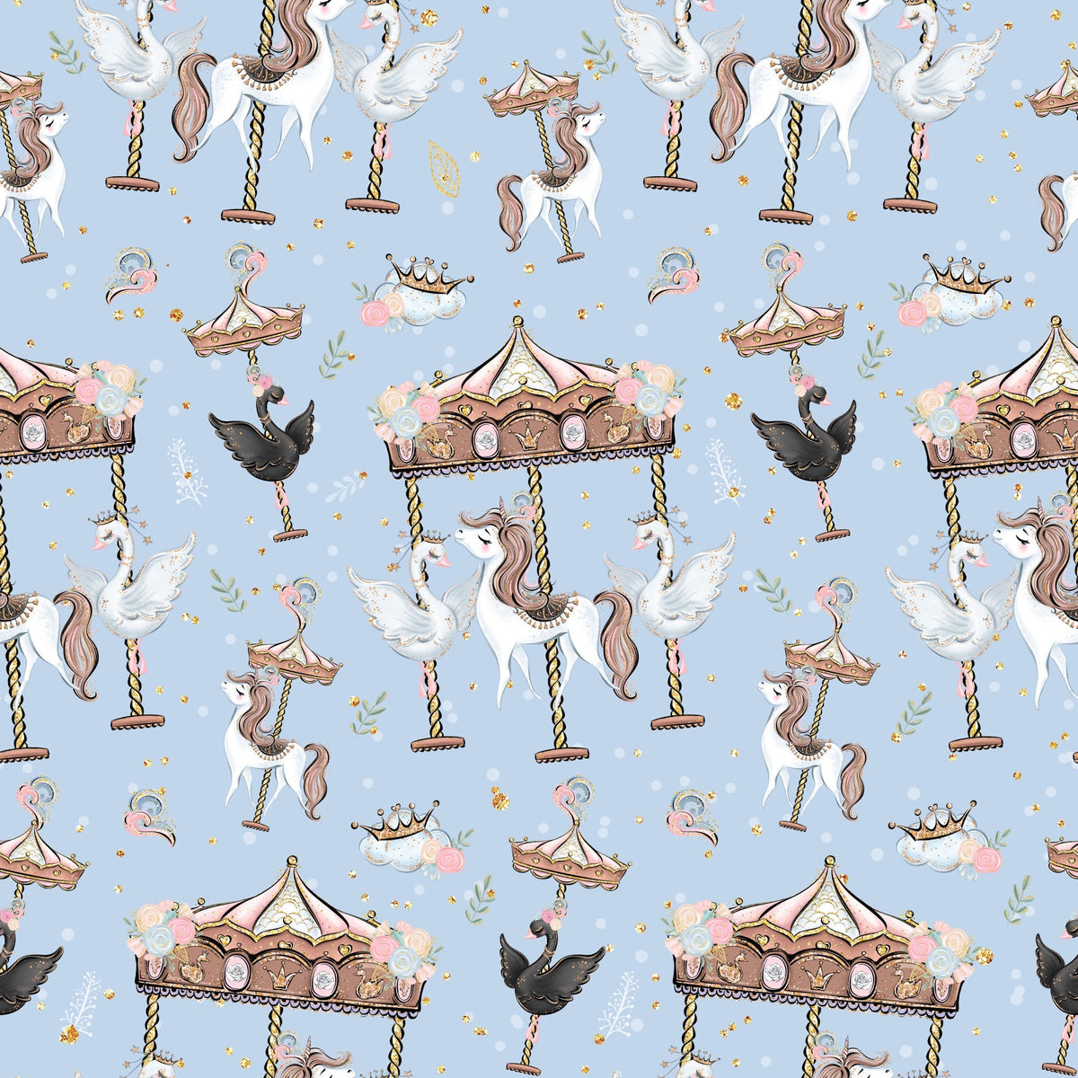Carousel Dreams Pattern 6 white carousel unicorns and swans with pink floral fairground details on a soft blue fleece fabric print