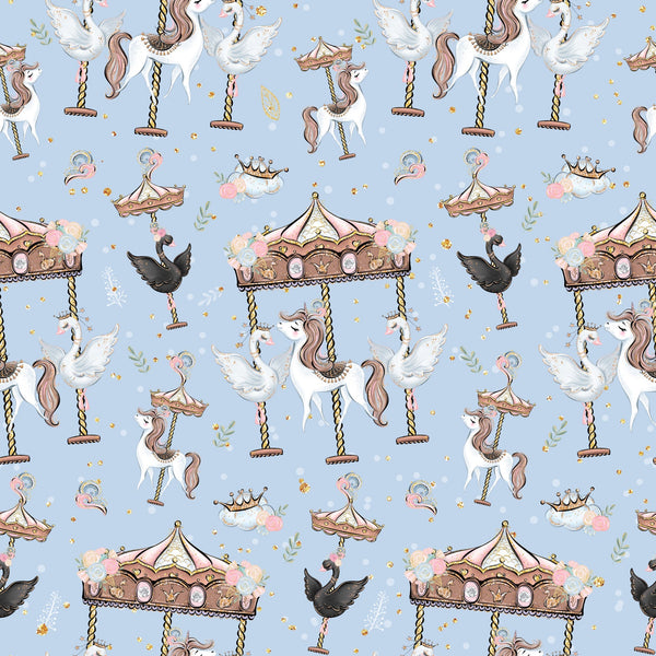 Carousel Dreams Pattern 6 white carousel unicorns and swans with pink floral fairground details on a soft blue fleece fabric print