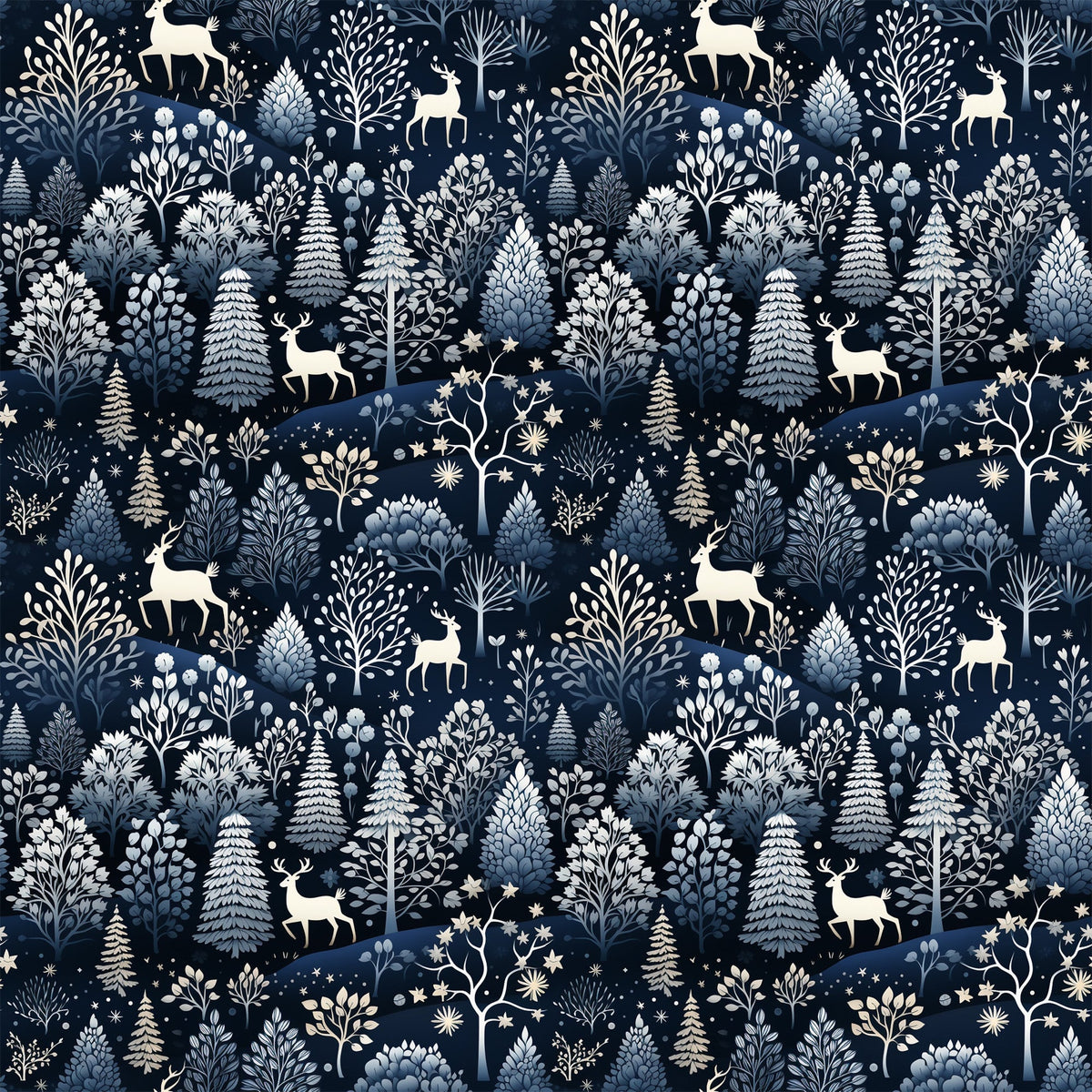 delft blue, navy background, winter forest, deer silhouettes, evergreen trees, pine trees, botanical motifs, folk art style, scandinavian design,, fabric panel, winter wonderland, woodland creatures, snowflakes, starry night, monochromatic blue, nature pattern, whimsical illustration, crafting material