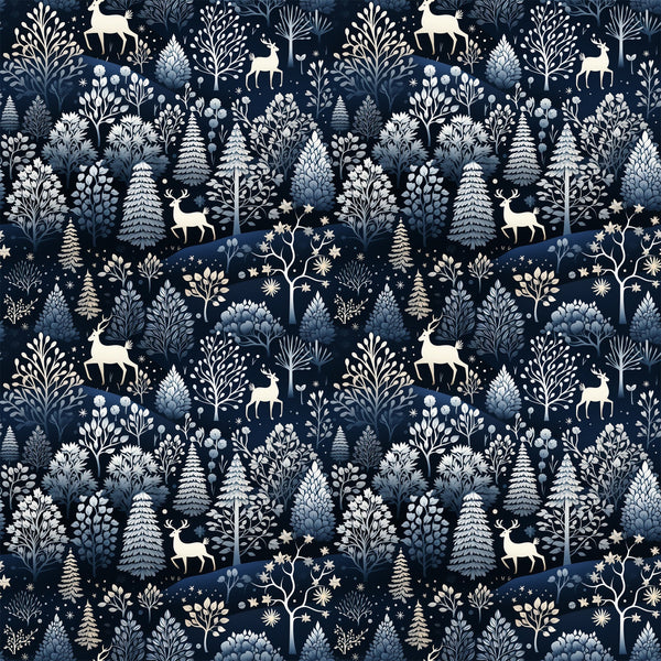 delft blue, navy background, winter forest, deer silhouettes, evergreen trees, pine trees, botanical motifs, folk art style, scandinavian design,, fabric panel, winter wonderland, woodland creatures, snowflakes, starry night, monochromatic blue, nature pattern, whimsical illustration, crafting material