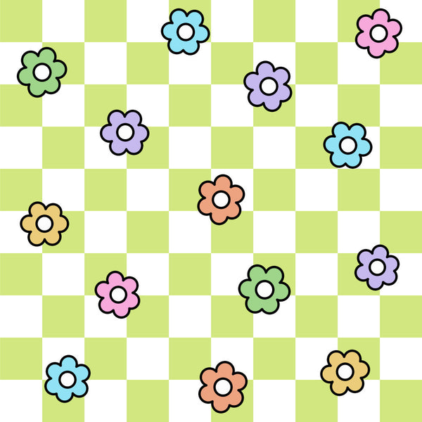 colorful flowers, bright flowers, floral design, geometric squares, checkerboard pattern, pastel colors, soft colors, lime green, white, baby blue, light blue, lavender purple, pink flowers, coral orange, golden yellow, spring colors, cheerful design, playful pattern, whimsical style, fun pattern, kids design, children's fabric, nursery decor, toddler theme, playroom design, bright and cheerful, multi-colored flowers, simple flowers, cute flowers, modern floral