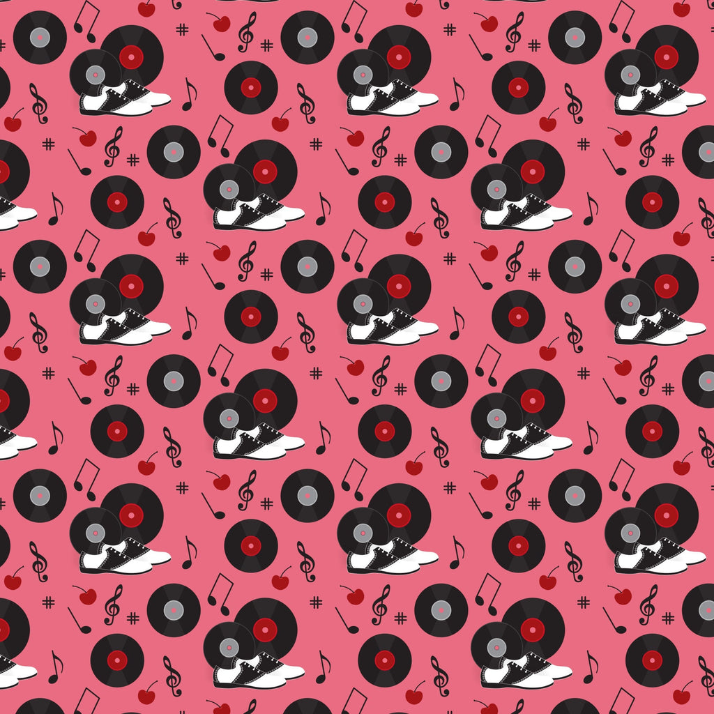 pink background, black vinyl records, red records, saddle shoes, black and white shoes, musical notes, treble clef, cherry motifs, red cherries, retro 50s style, diner theme, rockabilly pattern, music themed,, fabric panel, nostalgic design, vintage inspired, repeating pattern, sock hop style, jukebox era