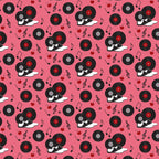pink background, black vinyl records, red records, saddle shoes, black and white shoes, musical notes, treble clef, cherry motifs, red cherries, retro 50s style, diner theme, rockabilly pattern, music themed,, fabric panel, nostalgic design, vintage inspired, repeating pattern, sock hop style, jukebox era