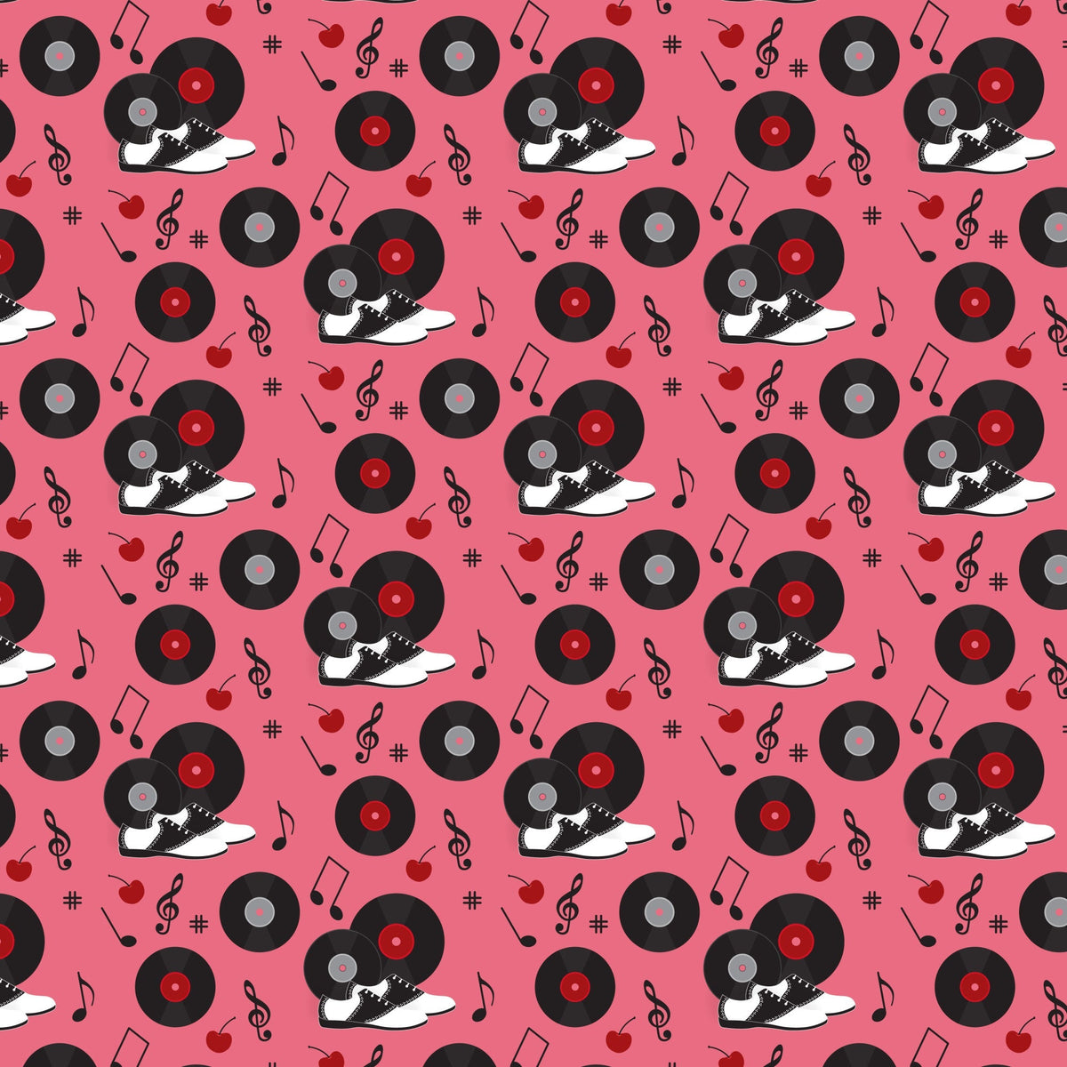 pink background, black vinyl records, red records, saddle shoes, black and white shoes, musical notes, treble clef, cherry motifs, red cherries, retro 50s style, diner theme, rockabilly pattern, music themed,, fabric panel, nostalgic design, vintage inspired, repeating pattern, sock hop style, jukebox era