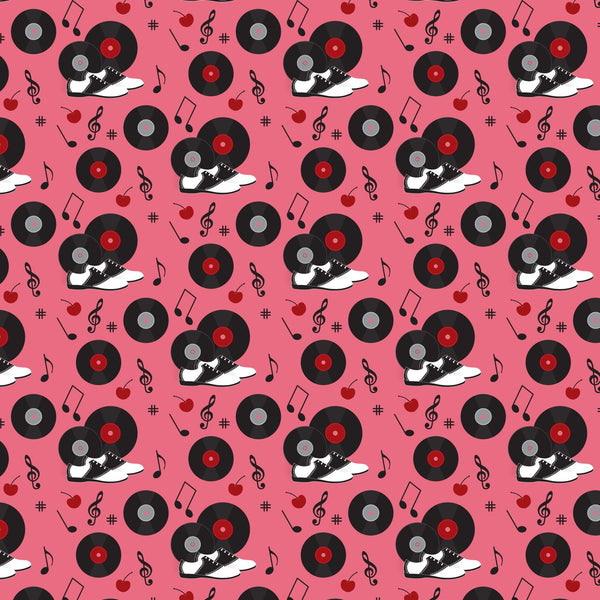 pink background, black vinyl records, red records, saddle shoes, black and white shoes, musical notes, treble clef, cherry motifs, red cherries, retro 50s style, diner theme, rockabilly pattern, music themed,, fabric panel, nostalgic design, vintage inspired, repeating pattern, sock hop style, jukebox era