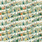 watercolor, football stadium, crowd scene, spectators, green, orange, yellow, blue, beige,, fabric panel, sports theme, stadium seating, cheering fans, watercolor style, soft colors, repeating pattern, football fans, stadium atmosphere, muted tones