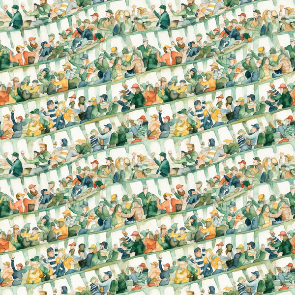 watercolor, football stadium, crowd scene, spectators, green, orange, yellow, blue, beige,, fabric panel, sports theme, stadium seating, cheering fans, watercolor style, soft colors, repeating pattern, football fans, stadium atmosphere, muted tones