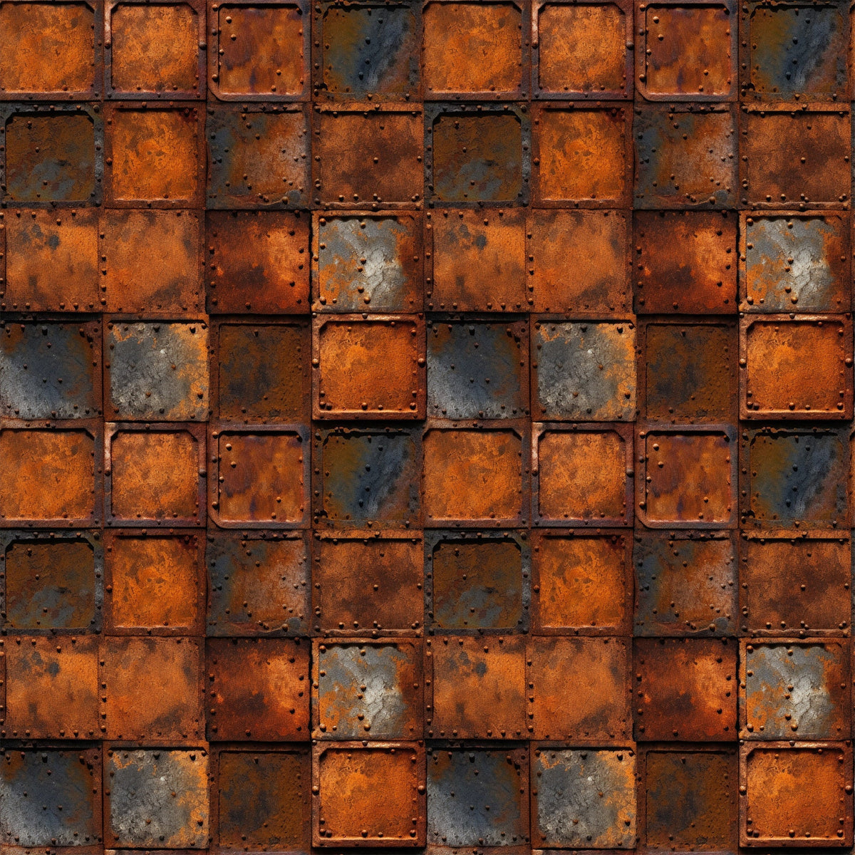 rust orange, burnt sienna, charcoal gray, weathered metal, industrial texture, distressed panels, geometric squares, oxidized surface, steampunk aesthetic, grunge pattern, metallic finish, aged iron, corrosion details, riveted squares,, fabric panel, mechanical design, vintage industrial, patina effect, gritty texture