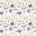 halloween, spooky, boo, black cat, ghost, bat, spider web, candy corn, potion bottle, candle, purple, orange, cream, black, whimsical, playful, kids, children, autumn, fall, holiday, spooky season, trick or treat, haunted, witchy, moon, eye, creepy cute, festive, playroom