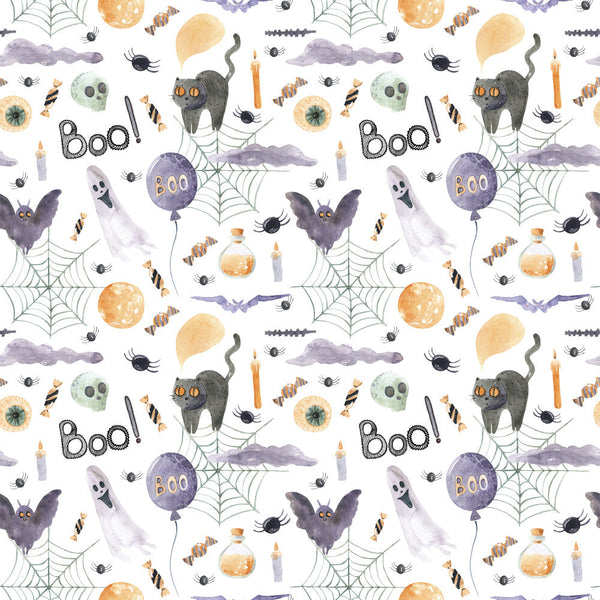 halloween, spooky, boo, black cat, ghost, bat, spider web, candy corn, potion bottle, candle, purple, orange, cream, black, whimsical, playful, kids, children, autumn, fall, holiday, spooky season, trick or treat, haunted, witchy, moon, eye, creepy cute, festive, playroom