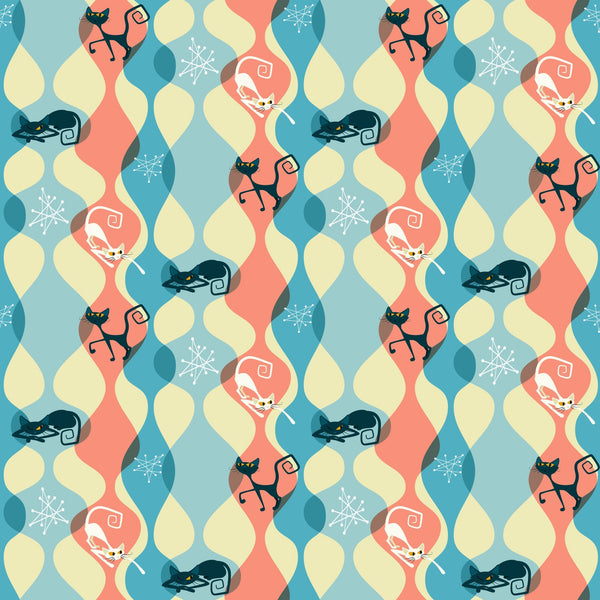atomic cats, mid-century modern, retro style, coral pink, teal blue, cream yellow, geometric shapes, stylized cats, curled cats, sleeping cats, snowflakes, winter motifs, wavy patterns,, fabric panel, 1950s inspired, kitsch design, repeating pattern, atomic age, boomerang shapes
