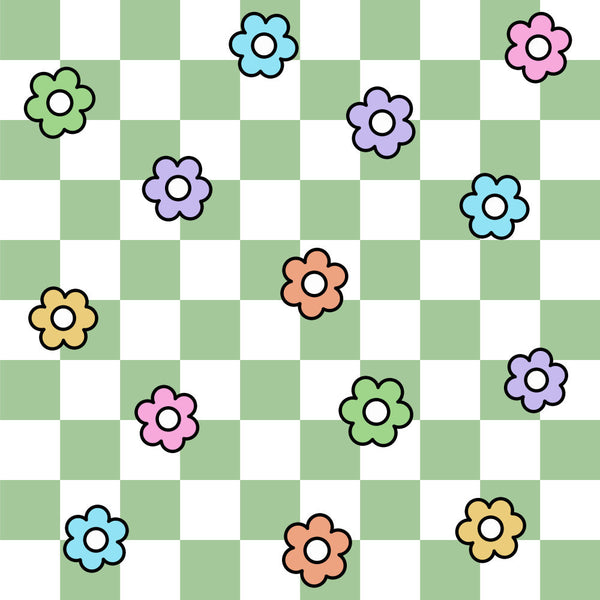 flower, floral, checkered, gingham, pastel, soft pink, lavender, light blue, sage green, pale yellow, coral, whimsical, playful, cheerful, cute, spring, nursery, kids room, playroom, baby, children's, sweet, colorful, multi-colored, botanical, daisy, garden, nature, modern, fun