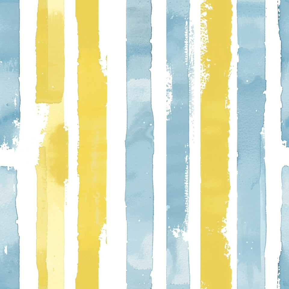 yellow stripes, blue stripes, watercolor brushstrokes, vertical bands, soft pastels, painted texture, alternating colors, distressed edges,, fabric panel, artistic stripes, hand-painted effect, nursery colors, gentle hues, textured brushwork, irregular edges, cotton fabric, quilting material
