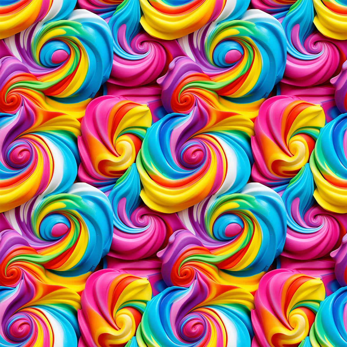 rainbow swirls, multicolor spirals, bright pink, electric blue, sunny yellow, vibrant orange, purple accents, frosting pattern, whimsical design, candy colors, swirl motifs, playful mood,, fabric panel, sweet treats, dessert inspired, colorful spirals, fun patterns, cheerful aesthetic, bakery theme