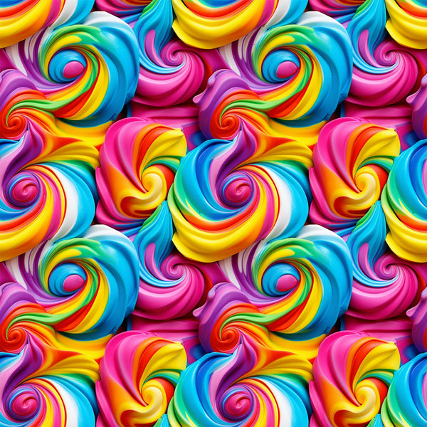 rainbow swirls, multicolor spirals, bright pink, electric blue, sunny yellow, vibrant orange, purple accents, frosting pattern, whimsical design, candy colors, swirl motifs, playful mood,, fabric panel, sweet treats, dessert inspired, colorful spirals, fun patterns, cheerful aesthetic, bakery theme