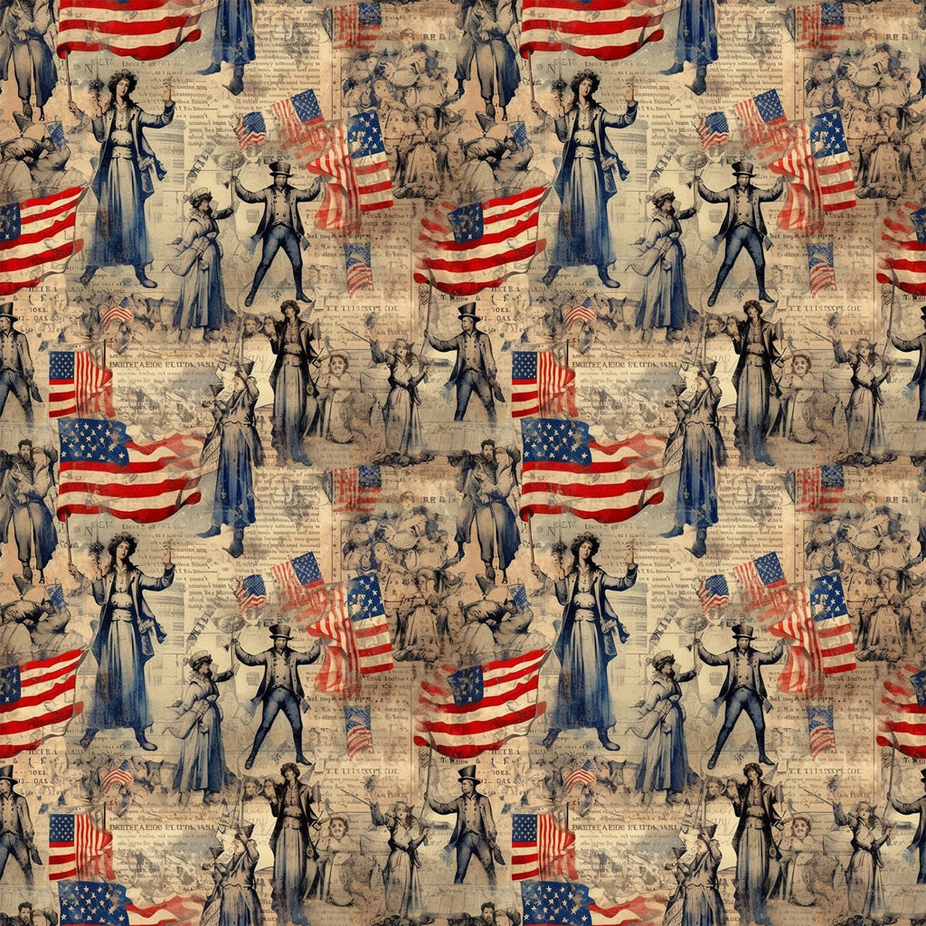red, white, blue, beige, tan, sepia, vintage illustrations, american flags, patriotic figures, uncle sam, lady liberty, historical characters, colonial people, repeating pattern,, fabric panel, americana theme, antique newspaper background, nostalgic artwork, period costumes