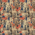 red, white, blue, beige, tan, sepia, vintage illustrations, american flags, patriotic figures, uncle sam, lady liberty, historical characters, colonial people, repeating pattern,, fabric panel, americana theme, antique newspaper background, nostalgic artwork, period costumes