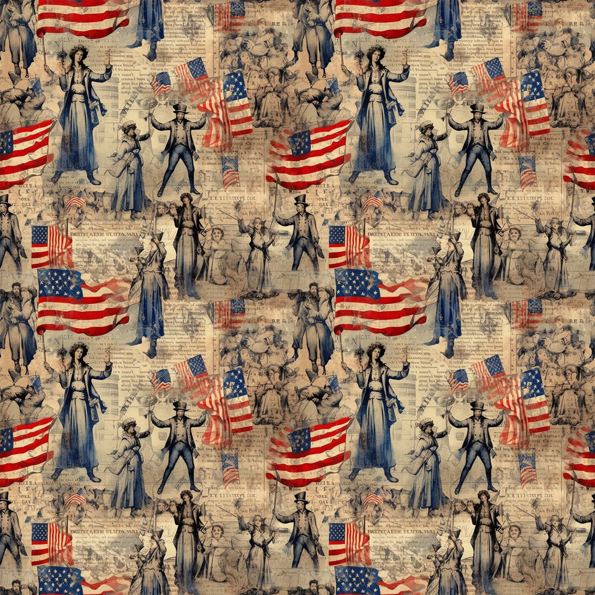 red, white, blue, beige, tan, sepia, vintage illustrations, american flags, patriotic figures, uncle sam, lady liberty, historical characters, colonial people, repeating pattern,, fabric panel, americana theme, antique newspaper background, nostalgic artwork, period costumes