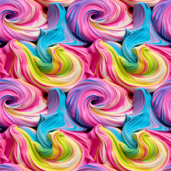 vibrant pink, turquoise blue, lime green, yellow, purple, swirled frosting, cupcake frosting, rainbow colors, whimsical swirls, dessert pattern, sweet treats, candy colors,, fabric panel, bakery theme, colorful spirals, frosting texture, bright pastels, food motif, cheerful design