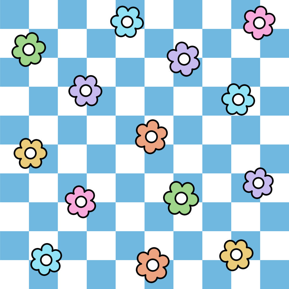 sky blue, light blue, white, pink, purple, green, yellow, orange, coral, pastel colors, floral, flowers, daisy, whimsical, playful, cheerful, bright, colorful, spring, summer, kids, children, nursery, playroom, baby, cute, fun, modern, vibrant, multi-colored