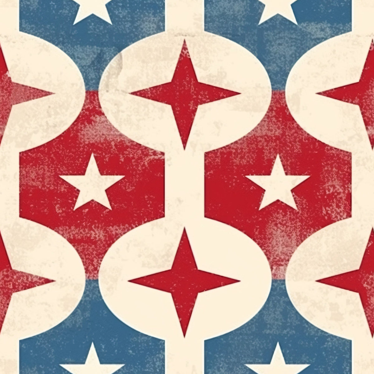 red, white, blue, patriotic, stars, diamond shapes, geometric pattern, distressed texture, vintage look, americana,, fabric panel, repeating motif, four-pointed stars, hexagonal shapes, weathered finish, circular elements, interconnected design, nostalgic feel